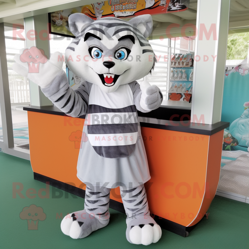 Gray Tiger mascot costume character dressed with a A-Line Skirt and Headbands Gray Tiger mascot costume character dressed with a A-Line Skirt and Headbands