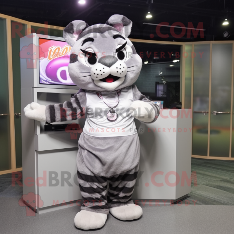 Gray Tiger mascot costume character dressed with a A-Line Skirt and Headbands Gray Tiger mascot costume character dressed with a A-Line Skirt and Headbands