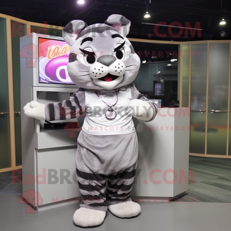 Gray Tiger mascot costume character dressed with a A-Line Skirt and Headbands