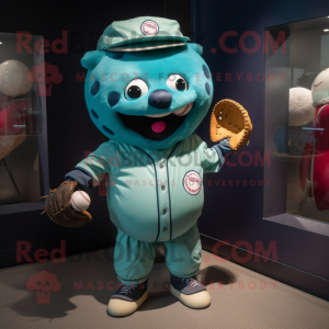Teal Baseball Glove mascot costume character dressed with a Playsuit and Keychains