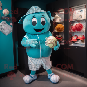 Teal Baseball Glove mascot costume character dressed with a Playsuit and Keychains