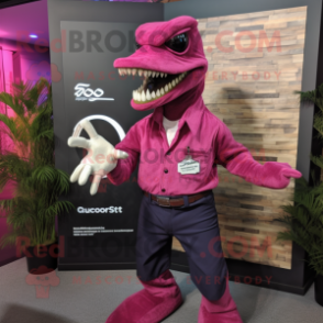 Magenta Velociraptor mascot costume character dressed with a Dress Shirt and Belts