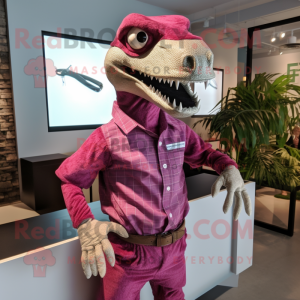 Magenta Velociraptor mascot costume character dressed with a Dress Shirt and Belts