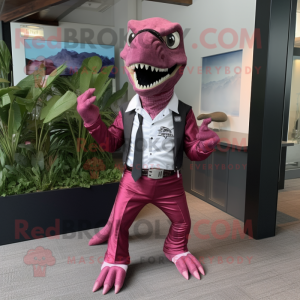 Magenta Velociraptor mascot costume character dressed with a Dress Shirt and Belts