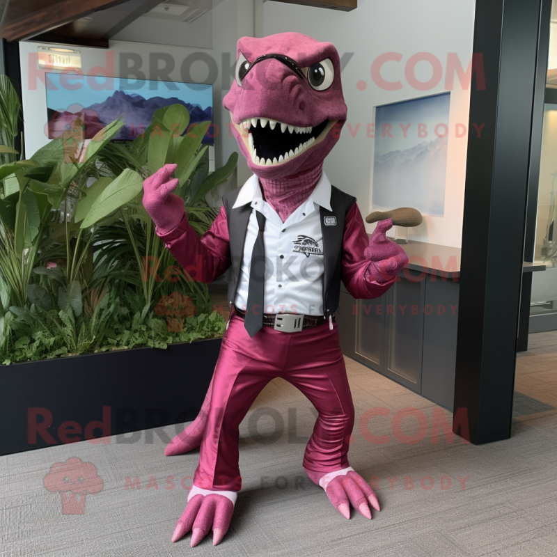 Magenta Velociraptor mascot costume character dressed with a Dress Shirt and Belts Magenta Velociraptor mascot costume character dressed with a Dress Shirt and Belts