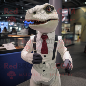 White Allosaurus mascot costume character dressed with a Button-Up Shirt and Wallets