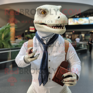 White Allosaurus mascot costume character dressed with a Button-Up Shirt and Wallets