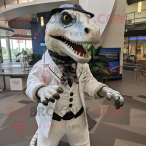 White Allosaurus mascot costume character dressed with a Button-Up Shirt and Wallets