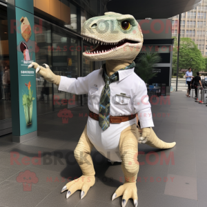 White Allosaurus mascot costume character dressed with a Button-Up Shirt and Wallets