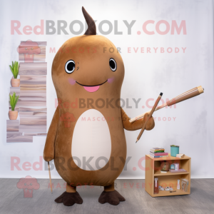 Brown Narwhal mascot costume character dressed with a Pencil Skirt and Earrings