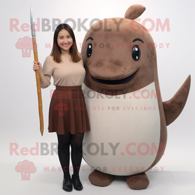 Brown Narwhal mascot costume character dressed with a Pencil Skirt and Earrings