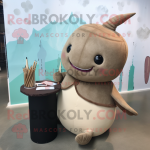 Brown Narwhal mascot costume character dressed with a Pencil Skirt and Earrings