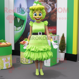 Lime Green Burgers mascot costume character dressed with a Pleated Skirt and Bracelets