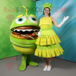 Lime Green Burgers mascot costume character dressed with a Pleated Skirt and Bracelets