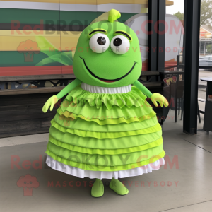 Lime Green Burgers mascot costume character dressed with a Pleated Skirt and Bracelets