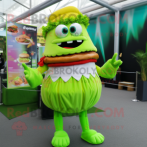 Lime Green Burgers mascot costume character dressed with a Pleated Skirt and Bracelets