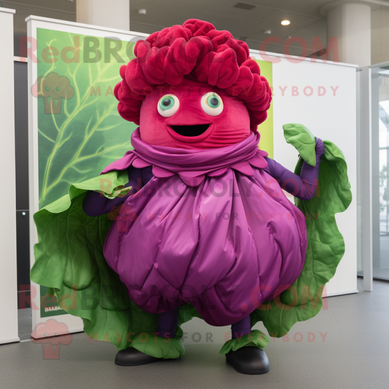 Magenta Cabbage mascot costume character dressed with a Trousers and Shawl pins