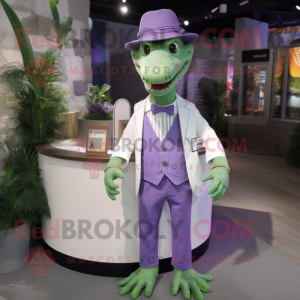 Lavender Crocodile mascot costume character dressed with a Playsuit and Tie pins