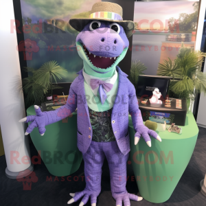 Lavender Crocodile mascot costume character dressed with a Playsuit and Tie pins