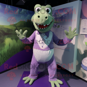 Lavender Crocodile mascot costume character dressed with a Playsuit and Tie pins