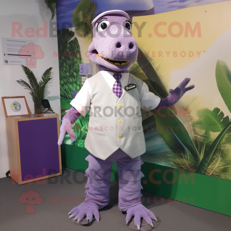 Lavender Crocodile mascot costume character dressed with a Playsuit and Tie pins