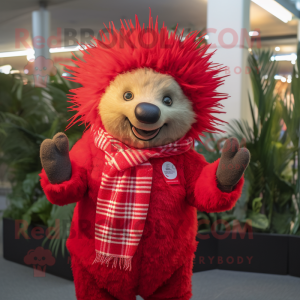 Red Porcupine mascot costume character dressed with a Playsuit and Scarves