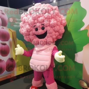 Pink Cauliflower mascot costume character dressed with a Sweater and Mittens