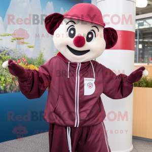 Maroon Mime mascot costume character dressed with a Windbreaker and Scarves