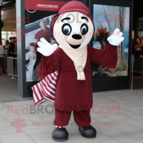 Maroon Mime mascot costume character dressed with a Windbreaker and Scarves