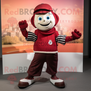 Maroon Mime mascot costume character dressed with a Windbreaker and Scarves