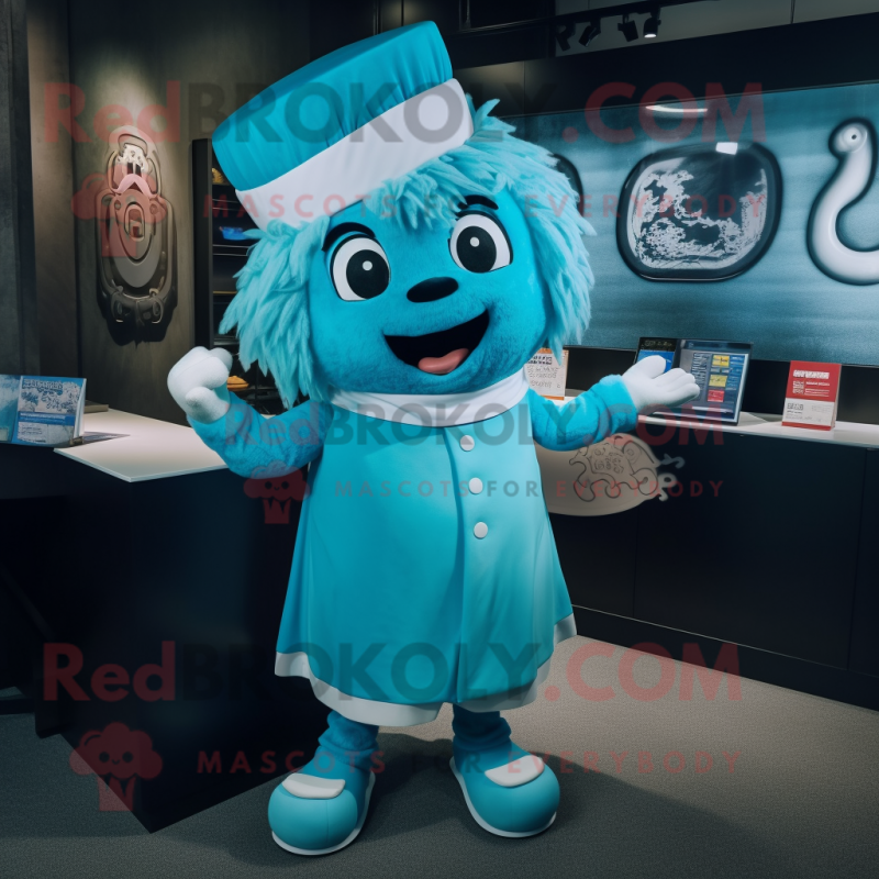 Cyan Ramen mascot costume character dressed with a Culottes and Cufflinks Cyan Ramen mascot costume character dressed with a Culottes and Cufflinks