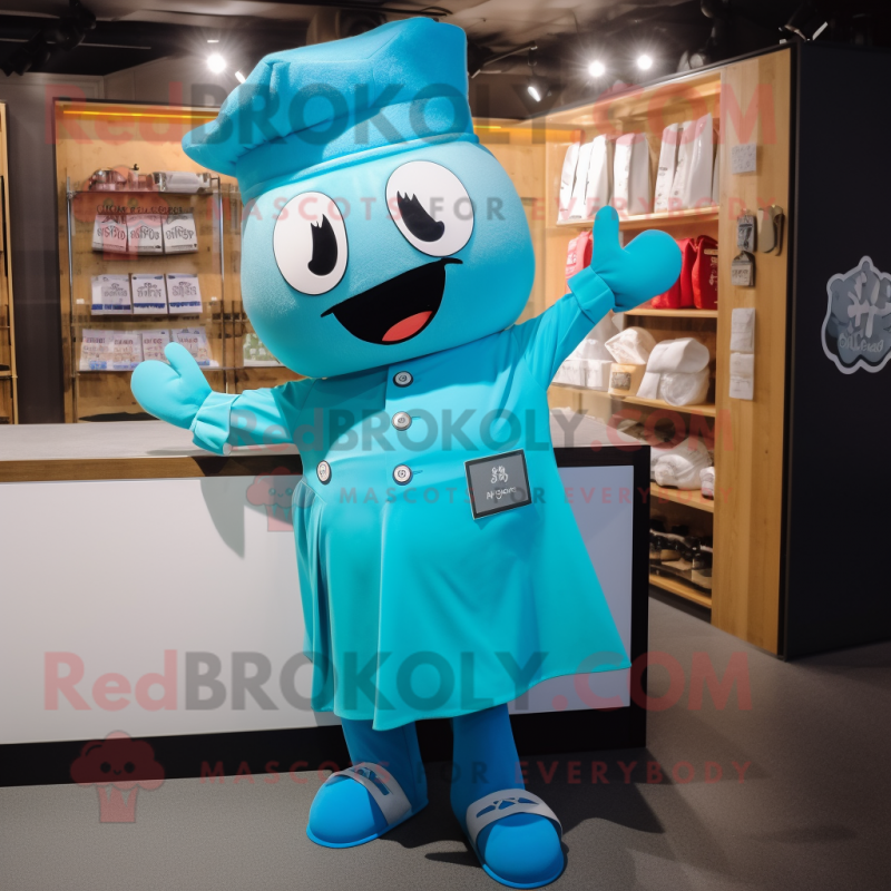 Cyan Ramen mascot costume character dressed with a Culottes and Cufflinks Cyan Ramen mascot costume character dressed with a Culottes and Cufflinks