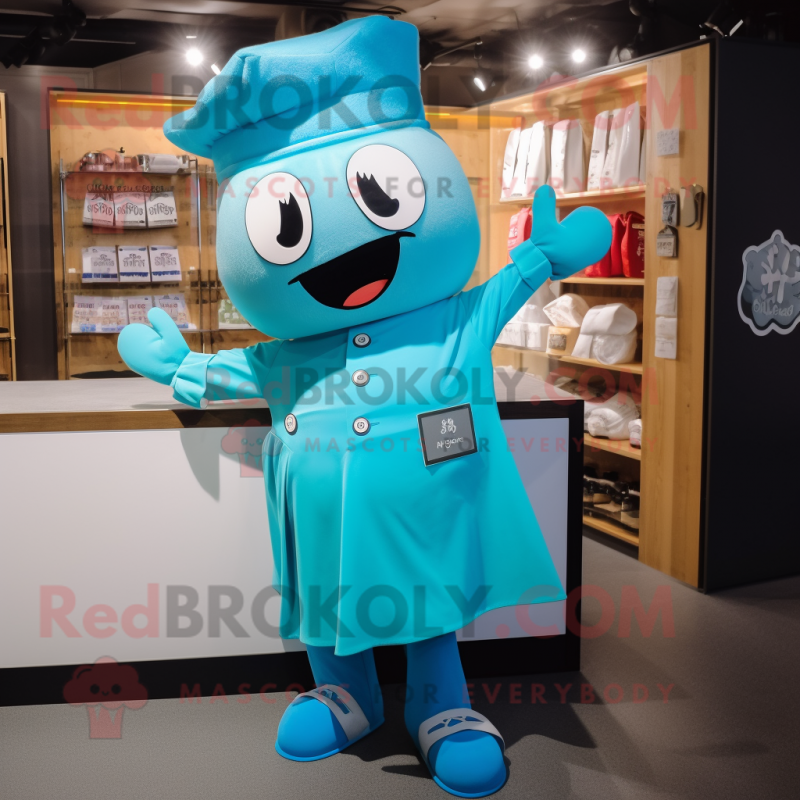 Cyan Ramen mascot costume character dressed with a Culottes and Cufflinks