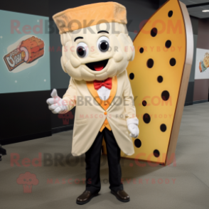 Cream Pizza Slice mascot costume character dressed with a Suit Jacket and Headbands