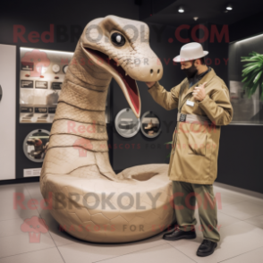 Beige Titanoboa mascot costume character dressed with a Coat and Watches