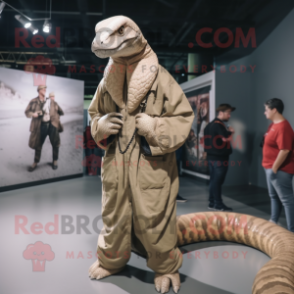 Beige Titanoboa mascot costume character dressed with a Coat and Watches