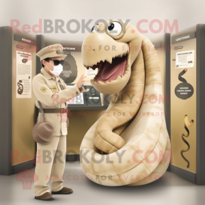 Beige Titanoboa mascot costume character dressed with a Coat and Watches