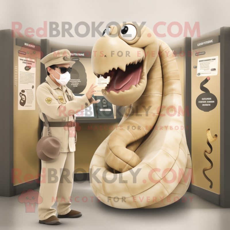 Beige Titanoboa mascot costume character dressed with a Coat and Watches Beige Titanoboa mascot costume character dressed with a Coat and Watches