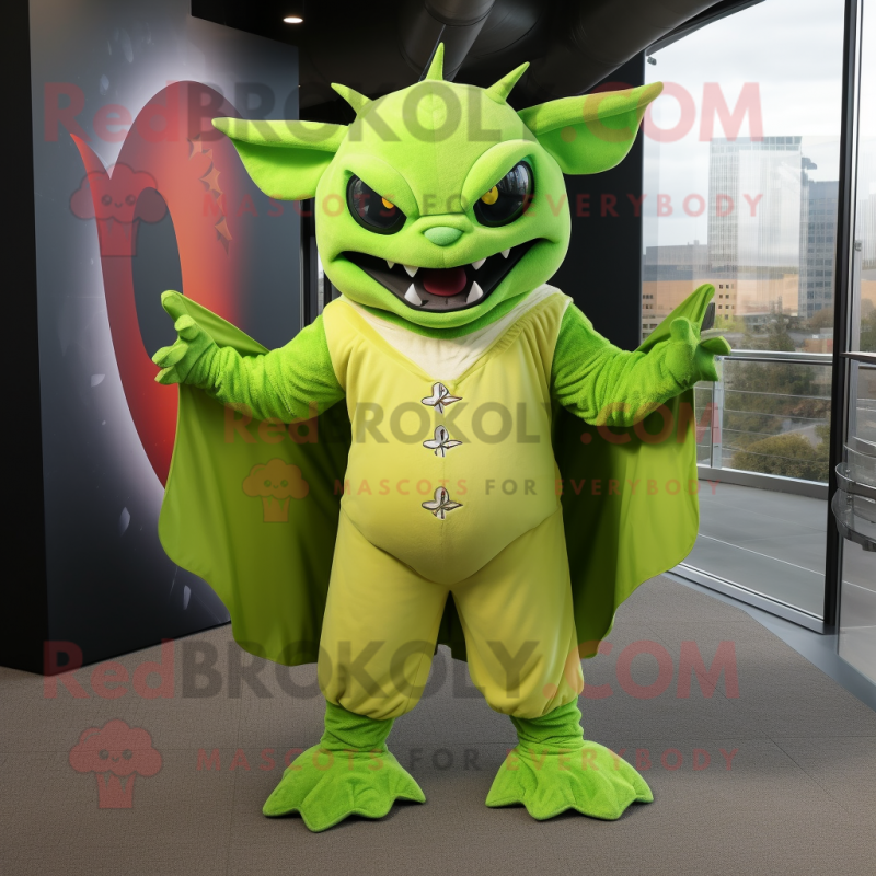 Lime Green Bat mascot costume character dressed with a Flare Jeans and Mittens