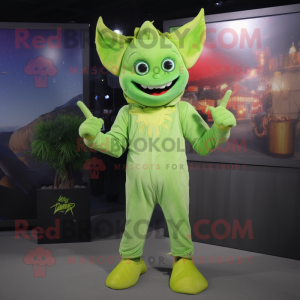 Lime Green Bat mascot costume character dressed with a Flare Jeans and Mittens