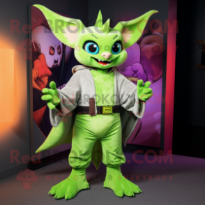 Lime Green Bat mascot costume character dressed with a Flare Jeans and Mittens