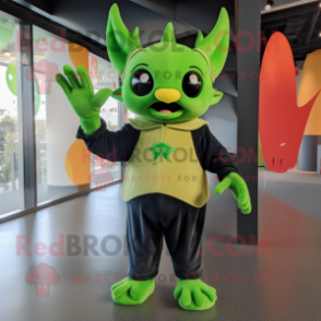 Lime Green Bat mascot costume character dressed with a Flare Jeans and Mittens