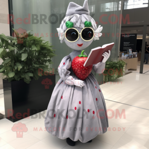 Gray Strawberry mascot costume character dressed with a Evening Gown and Reading glasses