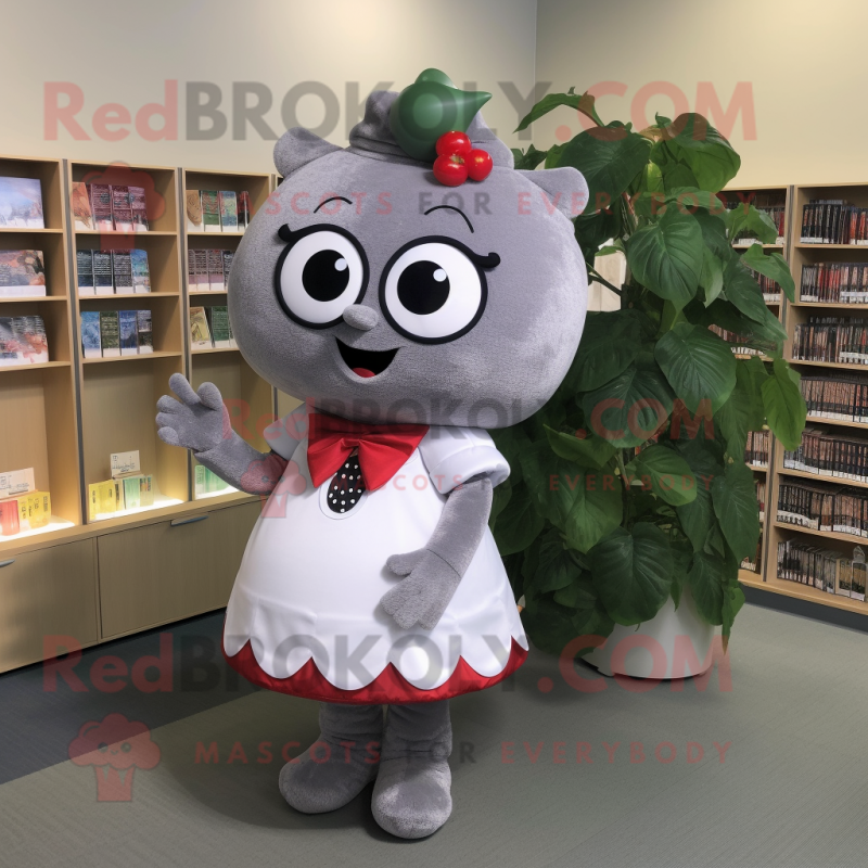 Gray Strawberry mascot costume character dressed with a Evening Gown and Reading glasses