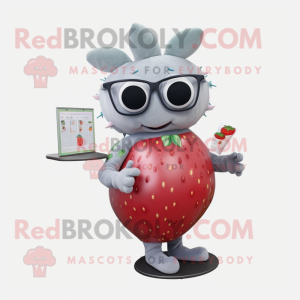 Gray Strawberry mascot costume character dressed with a Evening Gown and Reading glasses