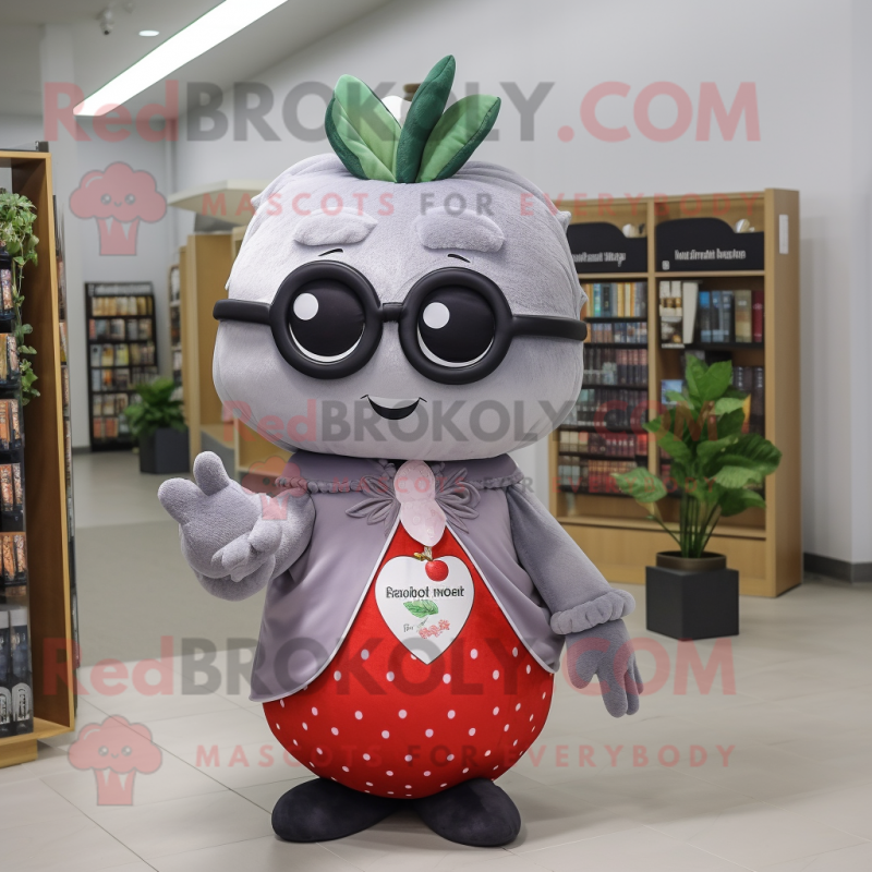 Gray Strawberry mascot costume character dressed with a Evening Gown and Reading glasses