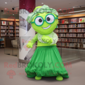 Lime Green Irish Flag mascot costume character dressed with a Pleated Skirt and Reading glasses