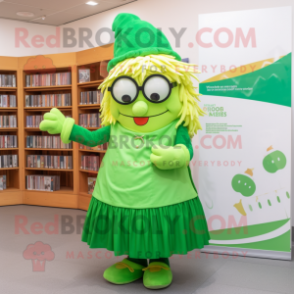 Lime Green Irish Flag mascot costume character dressed with a Pleated Skirt and Reading glasses