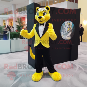 Lemon Yellow Panther mascot costume character dressed with a Tuxedo and Anklets