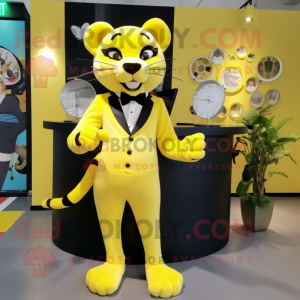 Lemon Yellow Panther mascot costume character dressed with a Tuxedo and Anklets